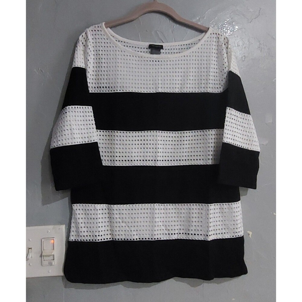 Ann Taylor Tops Women L,Striped, White,black,3/4 Sleeve, Cotton,Polyester,18 Inc